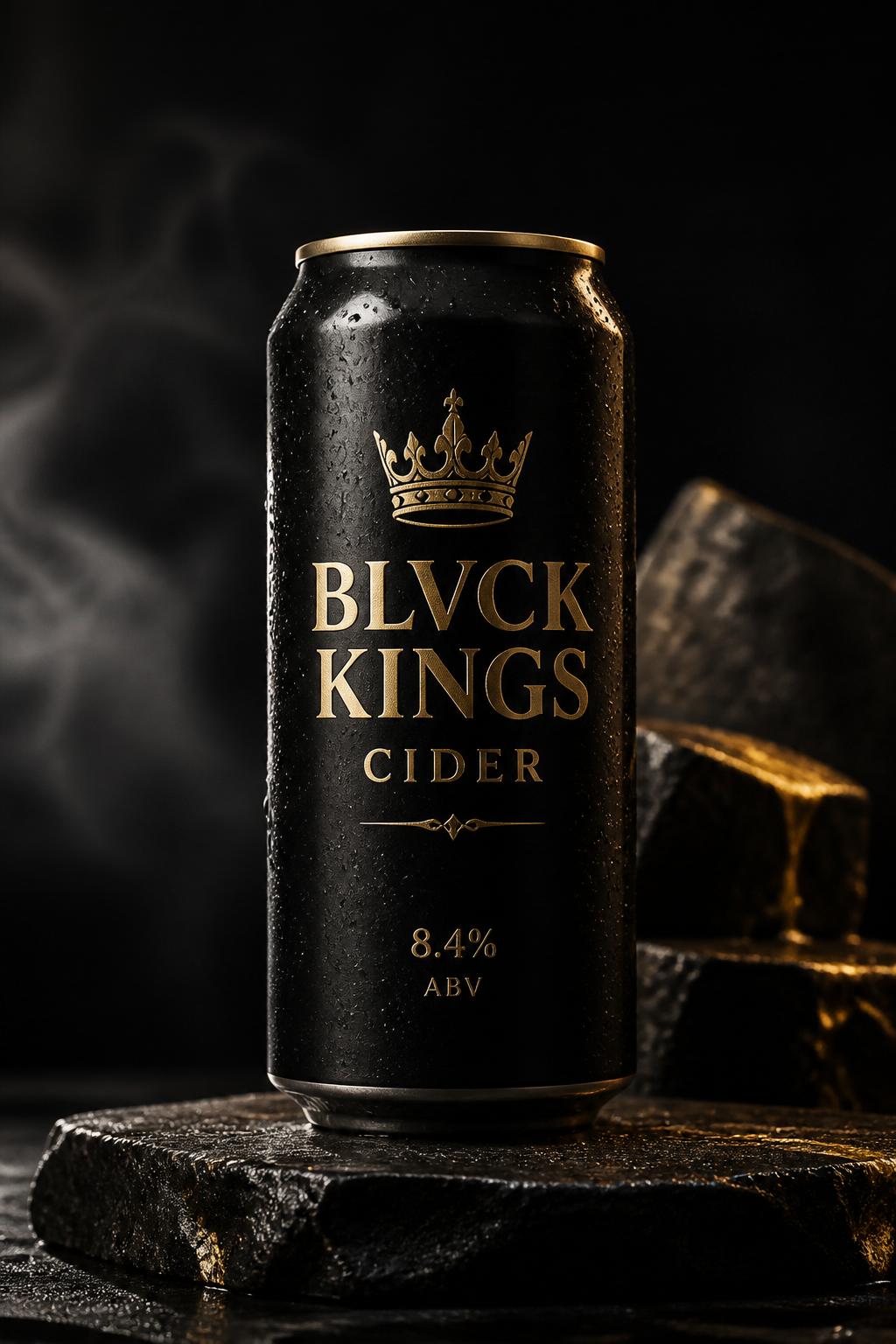 BLVCK KINGS Cider 500ml matte black can with gold typography